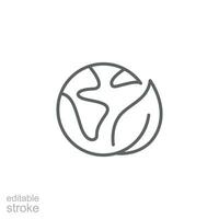 Green earth planet icon. Simple outline style. World ecology, globe with leafs, eco environment logo, save nature concept. Thin line symbol. Vector illustration isolated. Editable stroke.