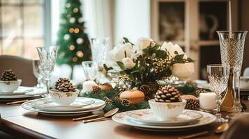 ai generado Navidad fiesta familia desayuno, mesa ajuste decoración y festivo paisaje de mesa, Inglés país y hogar peinado foto