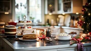 ai generado Navidad horneando, Días festivos receta y hogar cocinando, fiesta hornea, ingredientes y preparación en Inglés país cabaña cocina, hecho en casa comida y libro de cocina foto