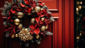 AI generated Christmas decoration details on English styled luxury high street city store door or shopping window display, holiday sale and shop decor photo