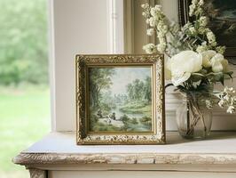 AI generated Vintage art frame in the elegant interior, wall and home decor photo