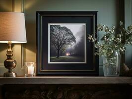 AI generated Black art frame in the elegant interior, wall and home decor photo