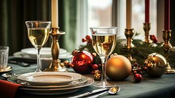 AI generated Christmas holiday family breakfast, table setting decor and festive tablescape, English country and home styling photo