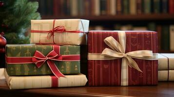 AI generated Christmas gift wrapping idea for boxing day and winter holidays in the English countryside tradition photo