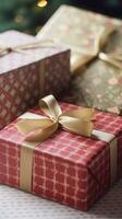 ai generado fiesta regalos y regalos, país cabaña estilo envuelto regalo cajas para boxeo día, Navidad, san valentin día y Días festivos compras venta, belleza caja entrega foto