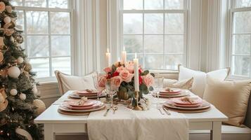 AI generated Table decor for festive family dinner at home, holiday tablescape and table setting, formal for wedding, celebration, English country and home styling photo