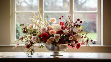 AI generated Floral arrangement with winter, autumn or early spring botanical plants and flowers photo