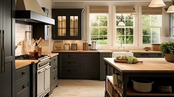 AI generated Dark kitchen decor, cottage interior design and house improvement, English in frame kitchen cabinets in a country house style photo