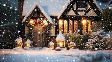 AI generated Christmas in the countryside, cottage and garden decorated for holidays on a snowy winter evening with snow and holiday lights, English country styling photo