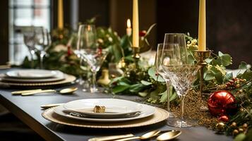 ai generado mesa decoración, fiesta paisaje de mesa y formal cena mesa ajuste para Navidad, Días festivos y evento celebracion, Inglés país decoración y hogar peinado foto