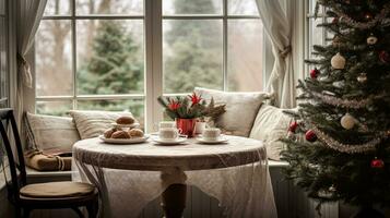 AI generated Christmas holiday family breakfast, table setting decor and festive tablescape, English country and home styling photo