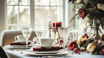 AI generated Christmas holiday family breakfast, table setting decor and festive tablescape, English country and home styling photo