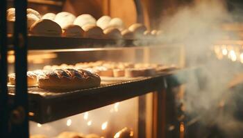 ai generado panadería en el mañana, caliente Fresco un pan y Pastelería horneando en el antiguo pueblo panadería, recién horneado productos en estantería y el horno, pequeño local negocio y comida producción. generativo ai foto