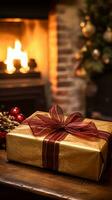 AI generated Christmas gift box near cosy fireplace in the English country cottage, winter holidays, boxing day celebration and holiday shopping photo