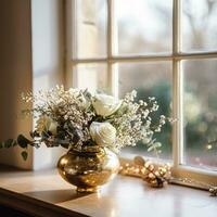 AI generated Floral arrangement with winter, autumn or early spring botanical plants and flowers photo