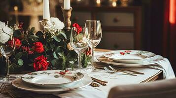 AI generated Festive date night tablescape idea, dinner table setting for two and Christmas, New Year, Valentines day decor, English country home styling photo