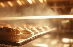 ai generado panadería en el mañana, caliente Fresco un pan y Pastelería horneando en el antiguo pueblo panadería, recién horneado productos en estantería y el horno, pequeño local negocio y comida producción. generativo ai foto