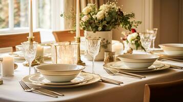 ai generado Navidad fiesta familia desayuno, mesa ajuste decoración y festivo paisaje de mesa, Inglés país y hogar peinado foto