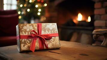 AI generated Christmas gift box near cosy fireplace in the English country cottage, winter holidays, boxing day celebration and holiday shopping photo