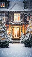 AI generated Christmas in the countryside manor, English country house mansion decorated for holidays on a snowy winter evening with snow and holiday lights, Merry Christmas and Happy Holidays photo
