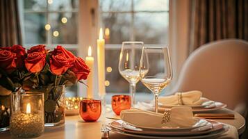 ai generado festivo fecha noche paisaje de mesa idea, cena mesa ajuste para dos y Navidad, nuevo año, san valentin día decoración, Inglés país hogar peinado foto