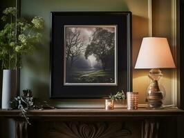 AI generated Black art frame in the elegant interior, wall and home decor photo