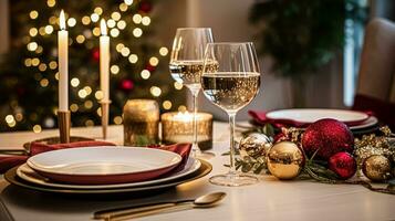 ai generado festivo fecha noche paisaje de mesa idea, cena mesa ajuste para dos y Navidad, nuevo año, san valentin día decoración, Inglés país hogar peinado foto