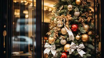 AI generated Christmas decoration details on English styled luxury high street city store door or shopping window display, holiday sale and shop decor photo