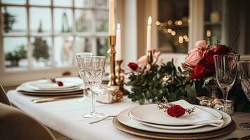 AI generated Festive date night tablescape idea, dinner table setting for two and Christmas, New Year, Valentines day decor, English country home styling photo