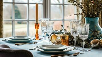 ai generado Navidad fiesta familia desayuno, mesa ajuste decoración y festivo paisaje de mesa, Inglés país y hogar peinado foto