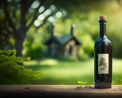 AI generated Luxury red wine bottle in the sunny countryside, generic stylised lable for wine tasting, winery and wine making, viticulture concept. Generative Ai photo