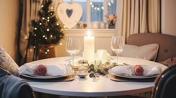 AI generated Festive date night tablescape idea, dinner table setting for two and Christmas, New Year, Valentines day decor, English country home styling photo