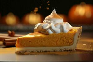 AI generated Pumpkin pie slice with a dollop of whipped cream photo