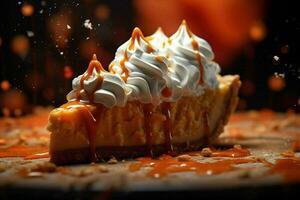 AI generated Pumpkin pie slice with a dollop of whipped cream photo