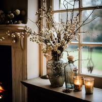 AI generated Floral arrangement with winter, autumn or early spring botanical plants and flowers photo
