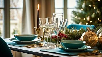 AI generated Christmas holiday family breakfast, table setting decor and festive tablescape, English country and home styling photo