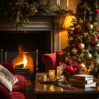 AI generated Christmas, holiday decor and country cottage style, cosy atmosphere, decorated Christmas tree in the English countryside house living room with fireplace, interior decoration photo