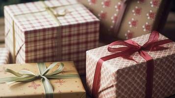 ai generado fiesta regalos y regalos, país cabaña estilo envuelto regalo cajas para boxeo día, Navidad, san valentin día y Días festivos compras venta, belleza caja entrega foto