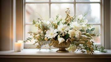 AI generated Floral arrangement with winter, autumn or early spring botanical plants and flowers photo