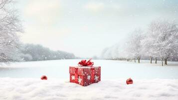 AI generated Christmas holiday gift and present, gift box in the snow in snowfall winter countryside nature for boxing day, holidays shopping sale photo