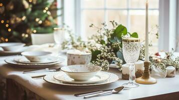 AI generated Christmas holiday family breakfast, table setting decor and festive tablescape, English country and home styling photo