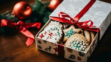 AI generated Christmas biscuits, holiday biscuit gift box and home bakes, winter holidays present for English country tea in the cottage, homemade shortbread and baking recipe photo