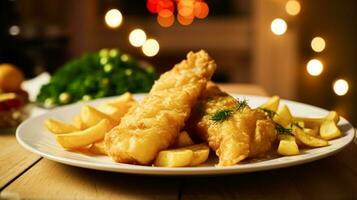 ai generado pescado y papas fritas para invierno fiesta cena, tradicional británico cocina receta en Inglés país hogar, Días festivos celebracion y hecho en casa comida foto