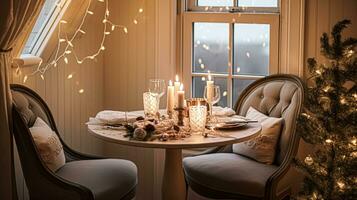 AI generated Festive date night tablescape idea, dinner table setting for two and Christmas, New Year, Valentines day decor, English country home styling photo