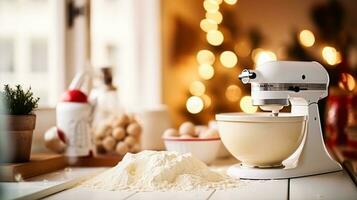 ai generado Navidad horneando, Días festivos receta y hogar cocinando, fiesta hornea, ingredientes y preparación en Inglés país cabaña cocina, hecho en casa comida y libro de cocina foto