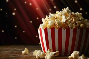AI generated Popcorn in a vintage striped popcorn bucket a photo