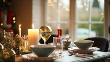 ai generado Navidad fiesta familia desayuno, mesa ajuste decoración y festivo paisaje de mesa, Inglés país y hogar peinado foto