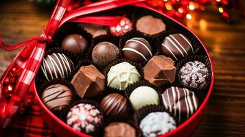 AI generated Christmas present, holidays and celebration, box of chocolate pralines, winter holiday gift photo
