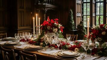 AI generated Christmas at the manor, holiday tablescape and dinner table setting, English countryside decoration and interior decor photo