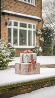 AI generated Christmas gifts delivery, postal service and holiday presents online shopping, wrapped parcel boxes on a country house doorstep in a snowing winter, generative ai photo